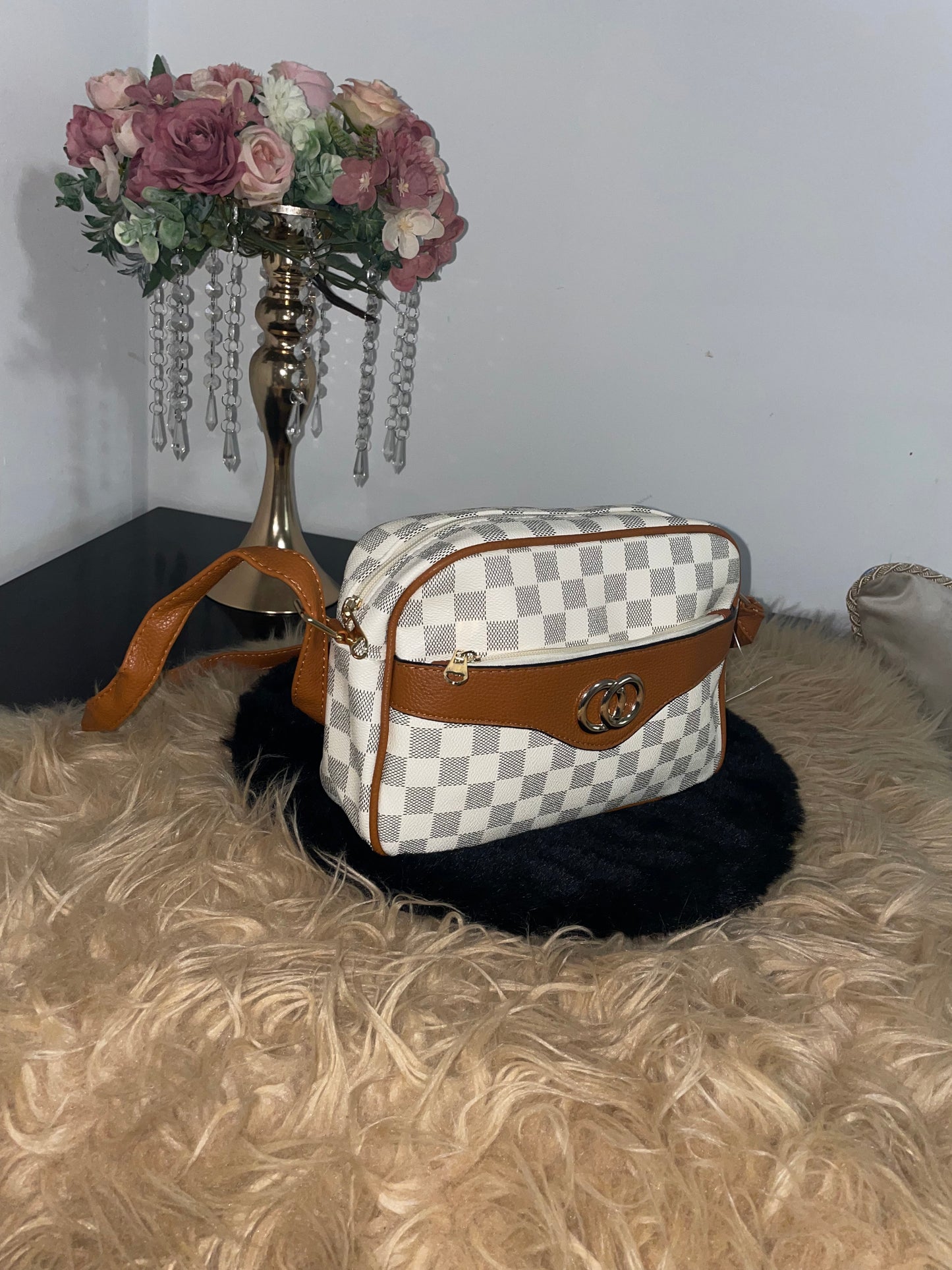 Nieuwe Chique Geruite Crossbody Handtas – Bruin & Crème