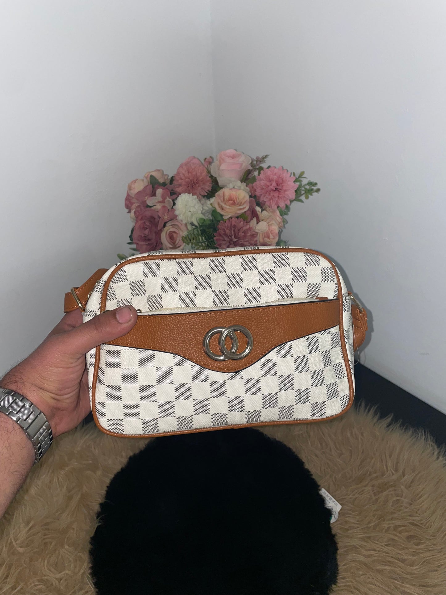Nieuwe Chique Geruite Crossbody Handtas – Bruin & Crème